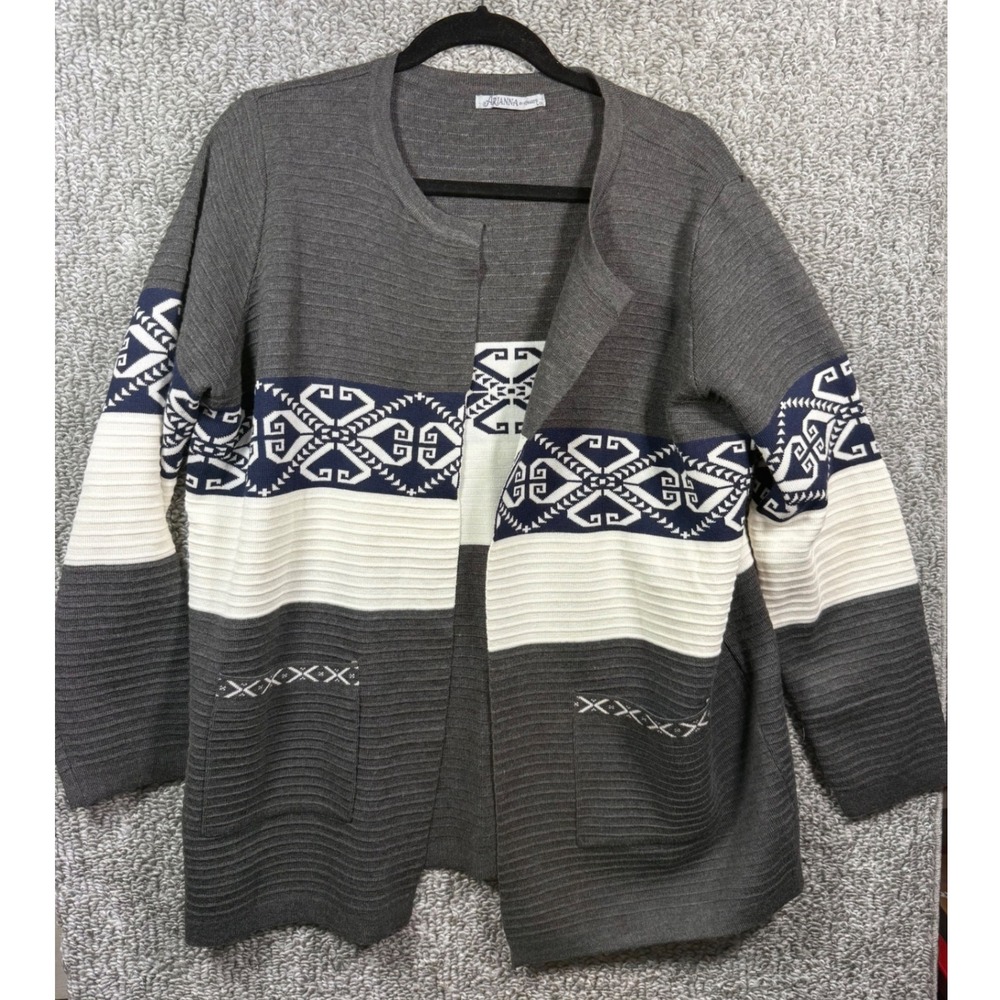 Arianna by Howard's Gray Knit Cardigan Aztec Geometric Open Front‎ - Womens L/XL